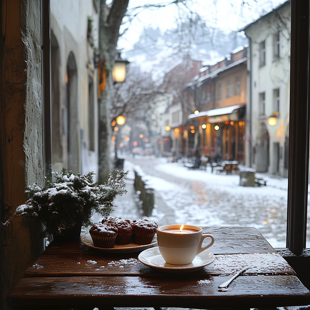 A cozy cafe with coffee, muffins, candle, snowy view.