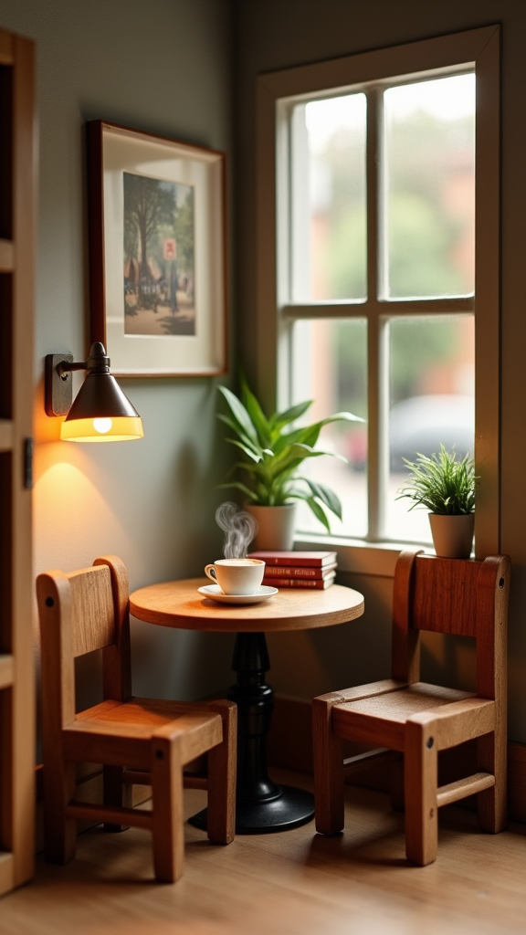 A cozy coffee shop corner with books and coffee.