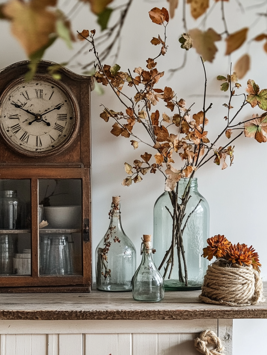 A cozy fall kitchen shelf with old clock.