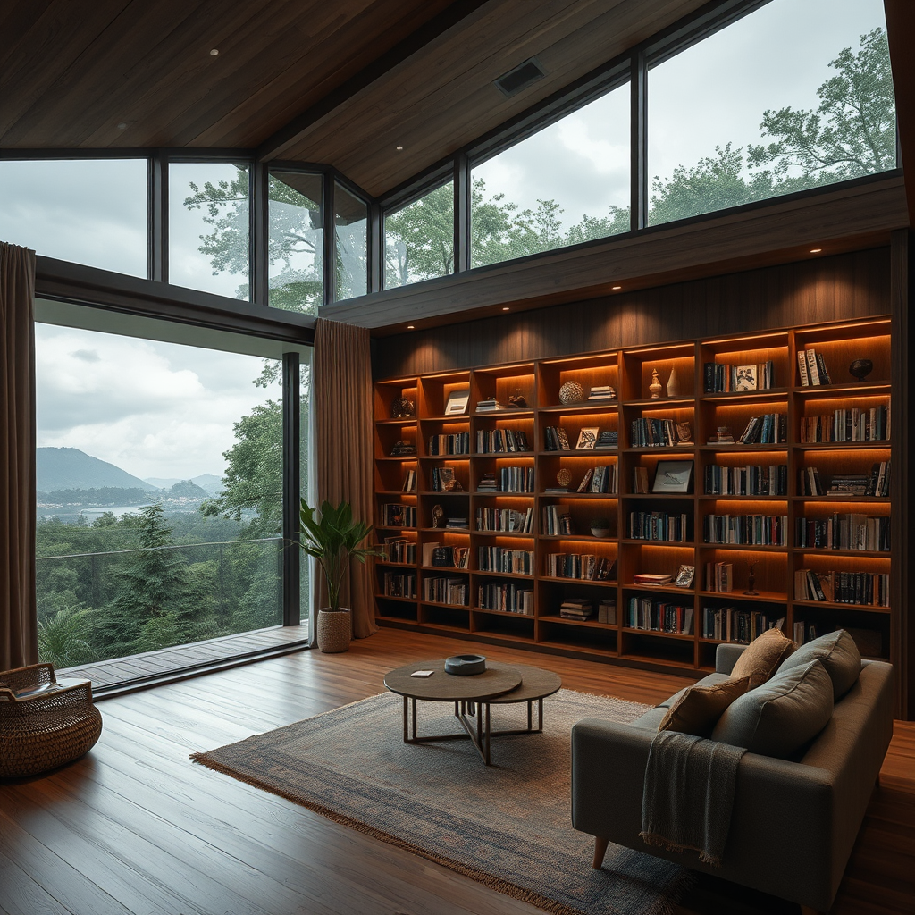 A cozy home library with realistic nature view