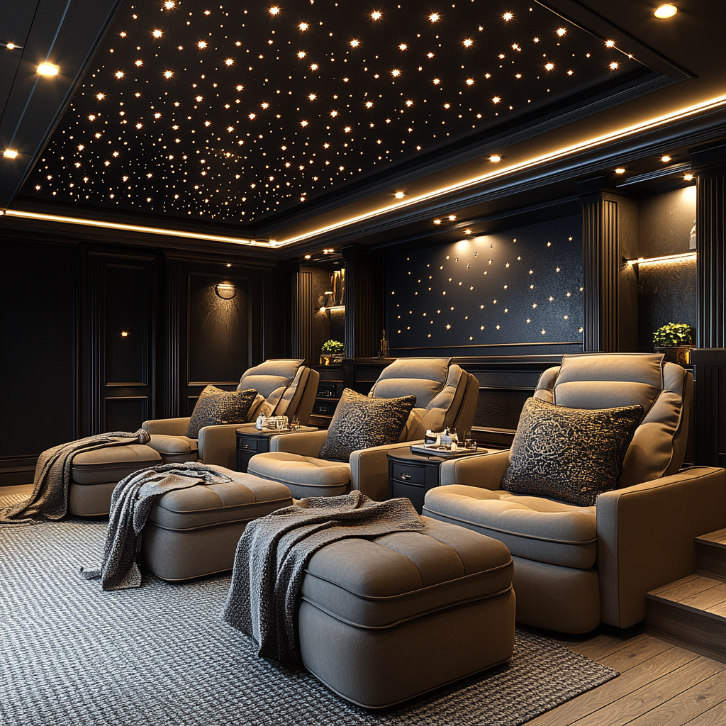 A cozy home theater with projector, star ceiling