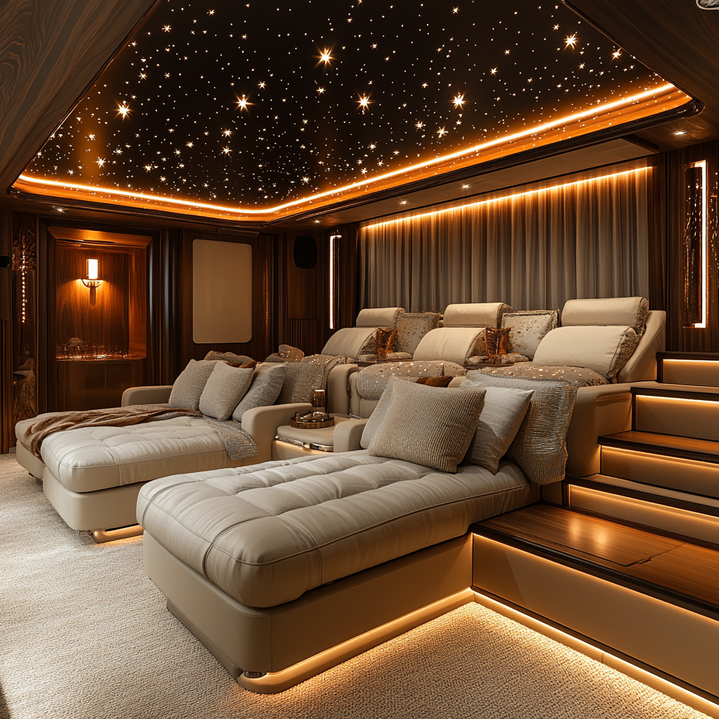 A cozy home theater with star ceiling and seating