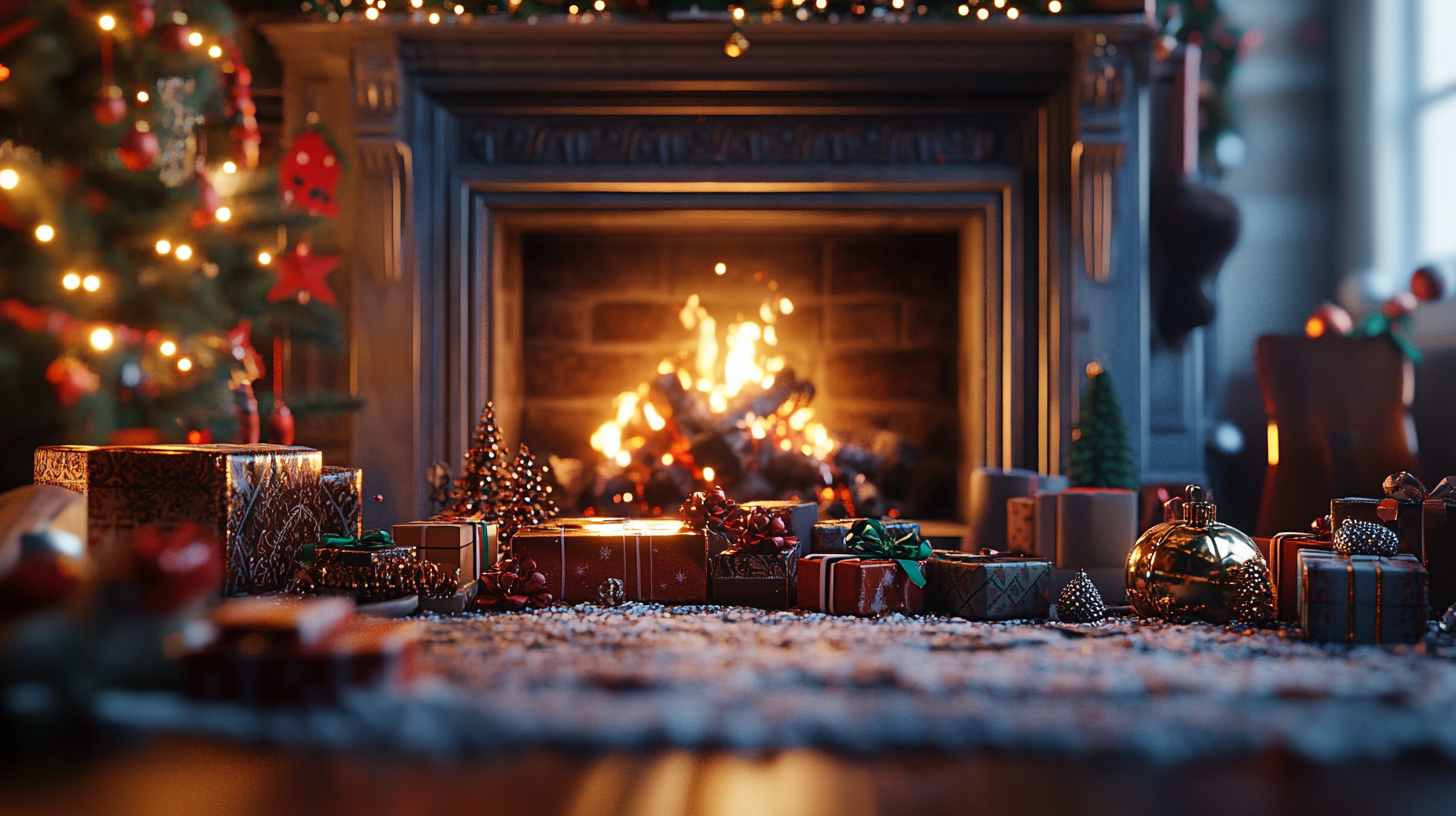 A cozy living room decorated for Christmas with fireplace