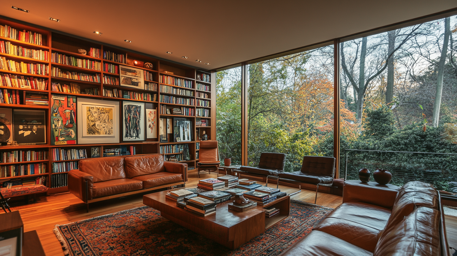 A cozy living room with books, art and nature.