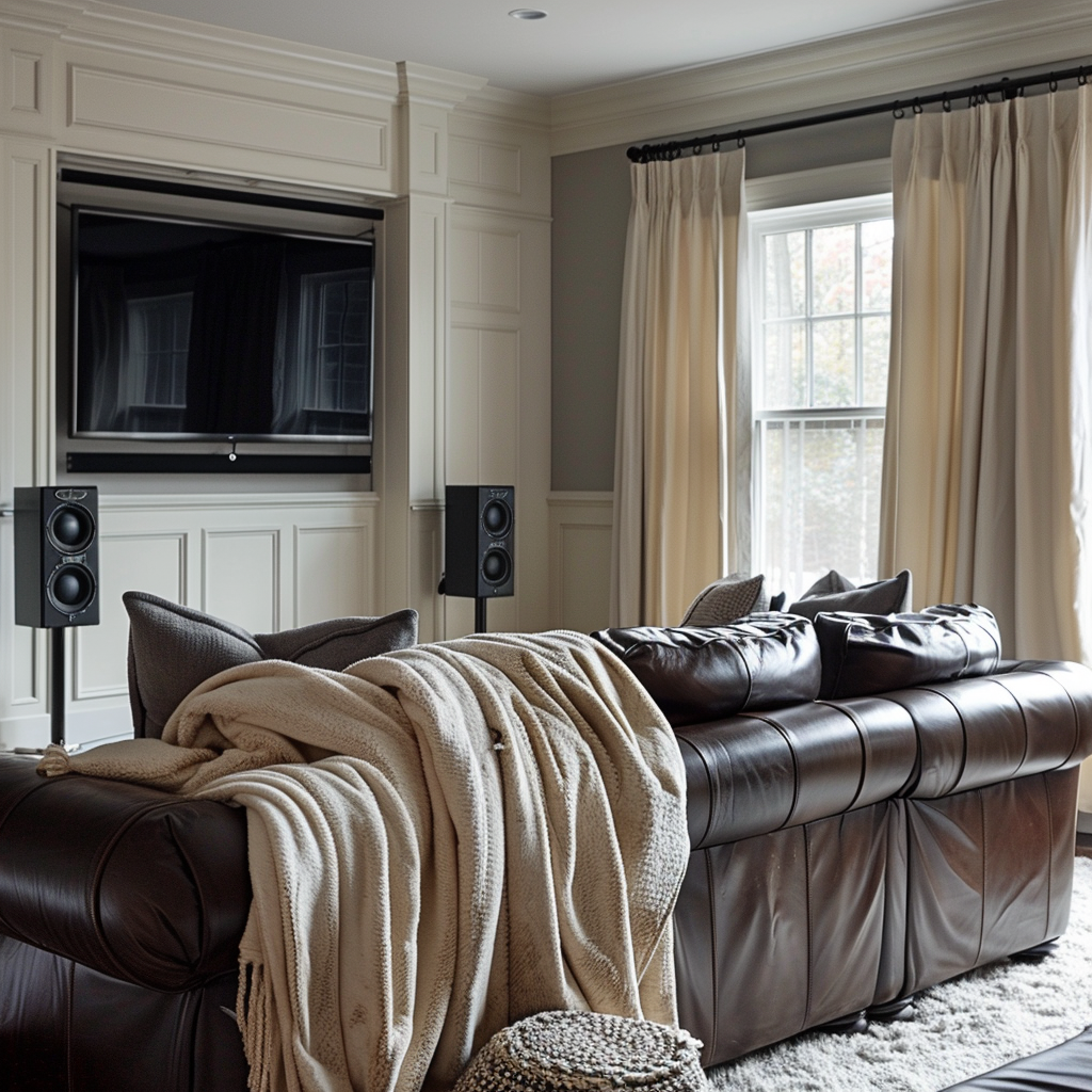 A cozy living room with dark brown furniture