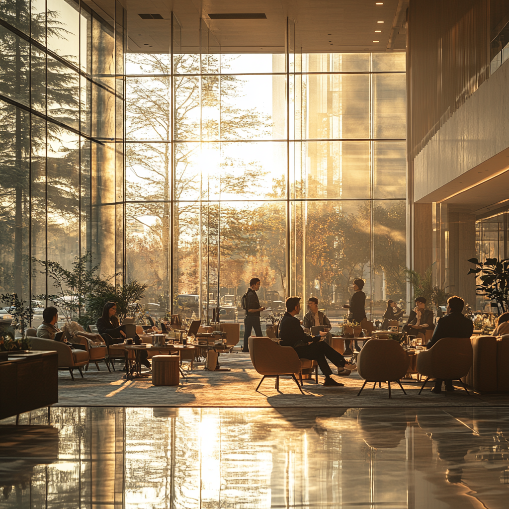 A cozy meeting room with engaged people.