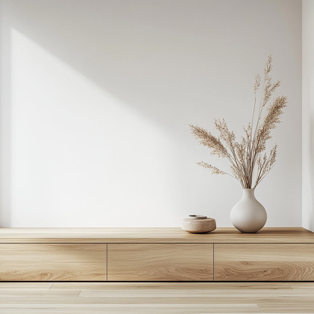 A cozy minimalist living room with smooth white wall.