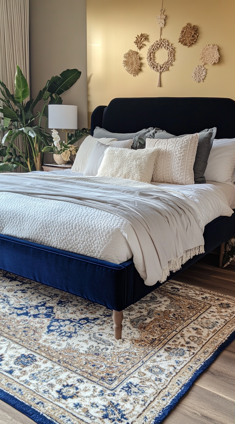 A cozy modern bedroom with velvet bed frame