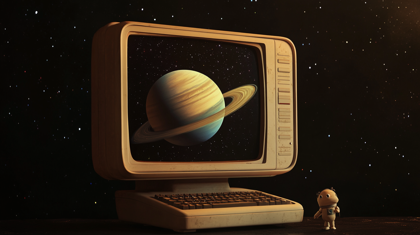 A cozy old computer with Saturn in a dreamy space.