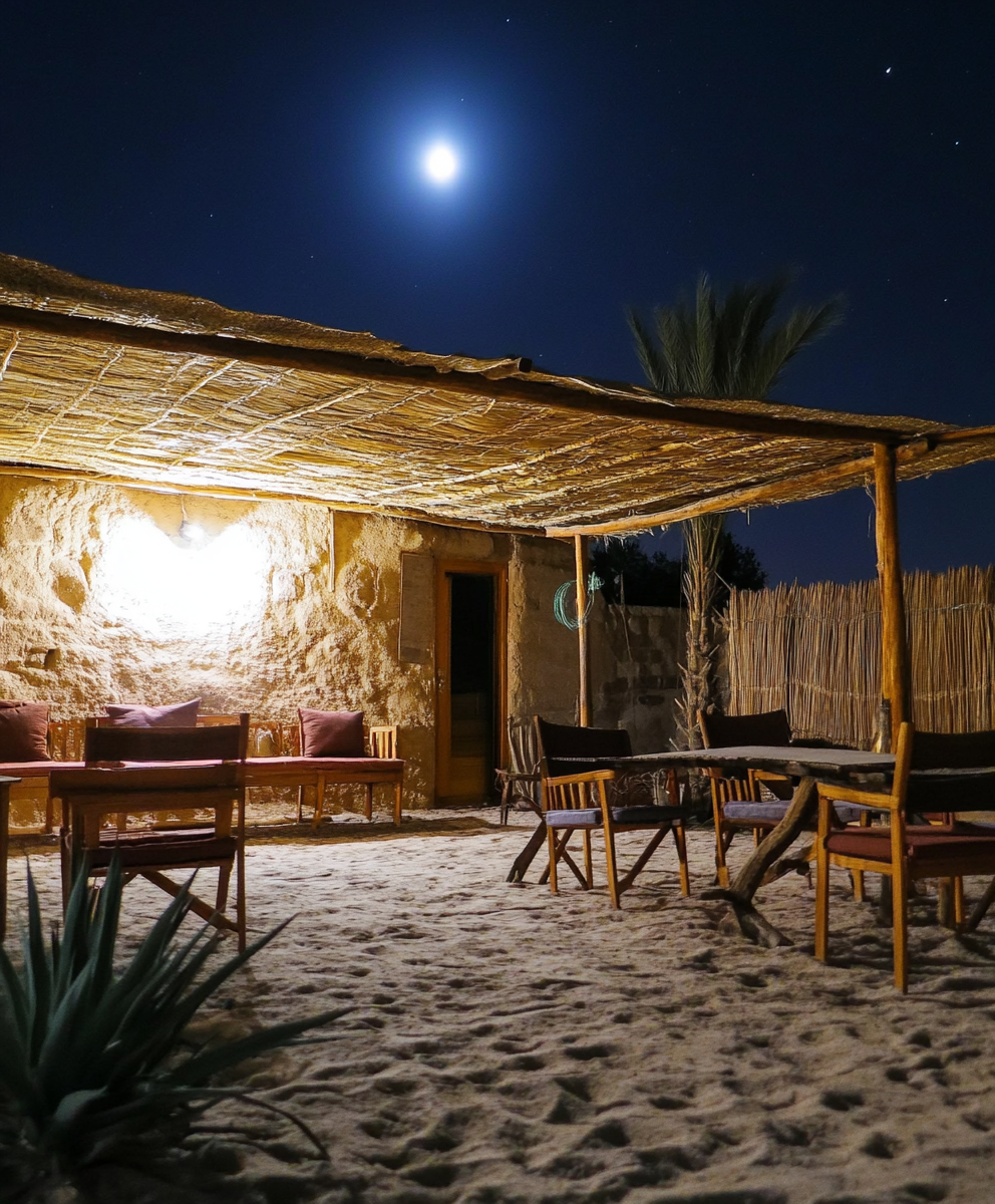 A cozy outdoor hut with straw roof and LED lights