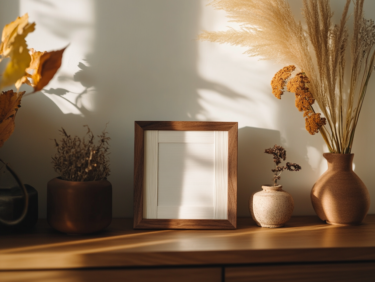 A cozy room with decorations and picture frames