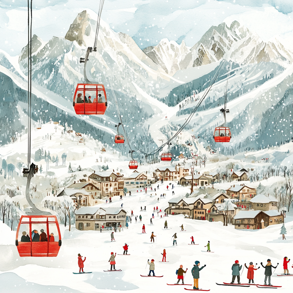 A cozy town in the mountains with skiers and families.