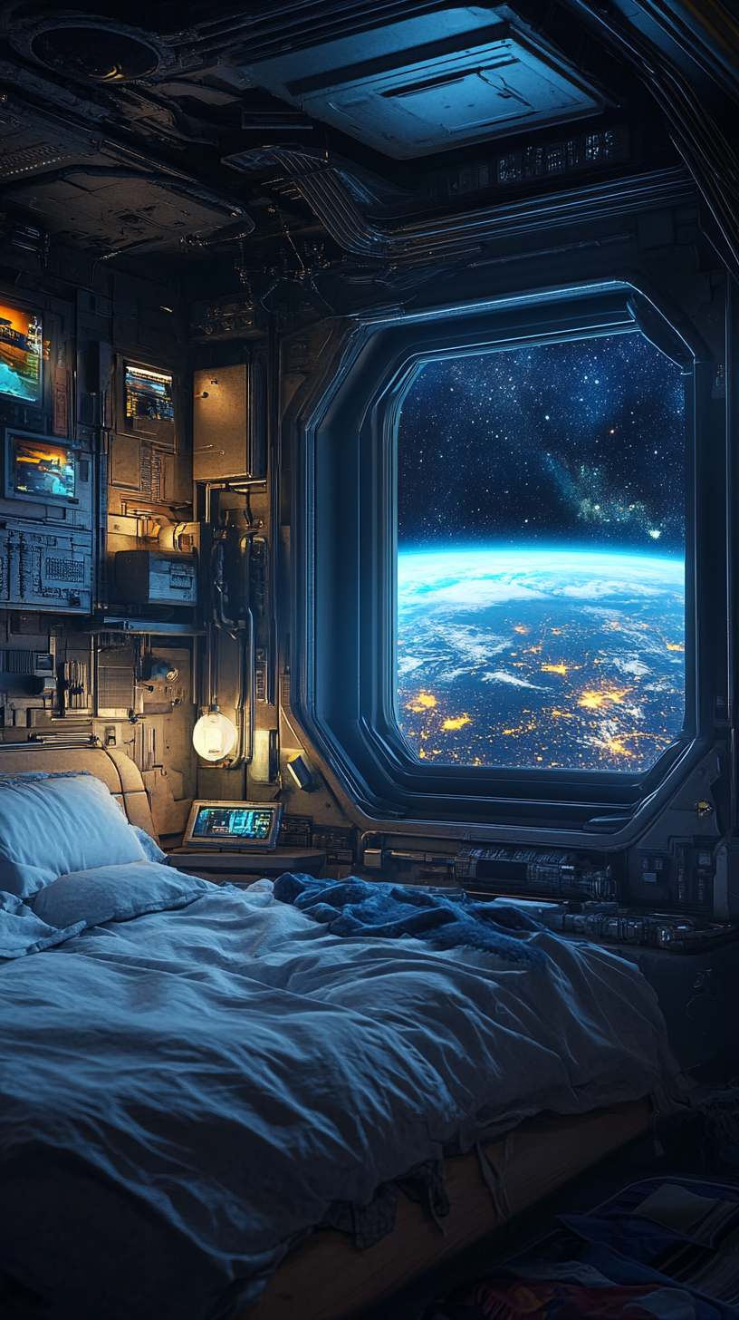 A cozy unmade bed in futuristic space station.