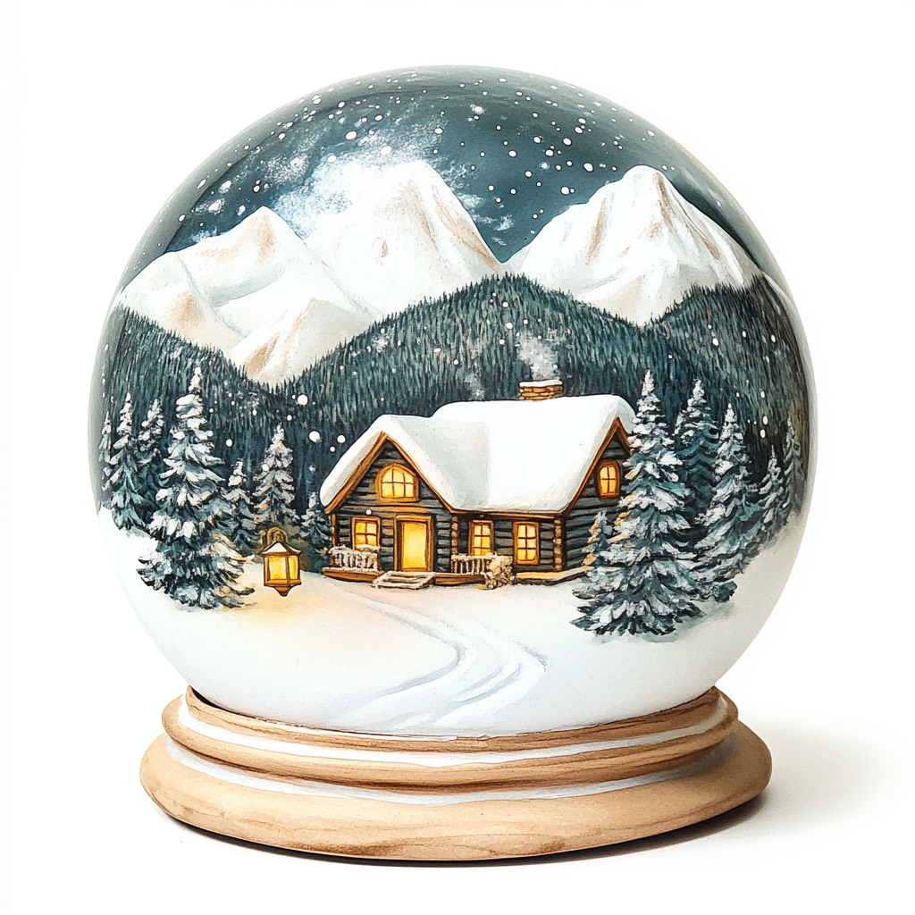 A cozy winter lodge in snow globe scenery