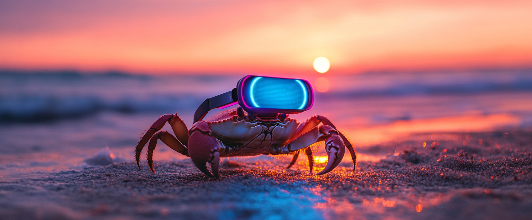 A crab using VR headset on beach at sunset