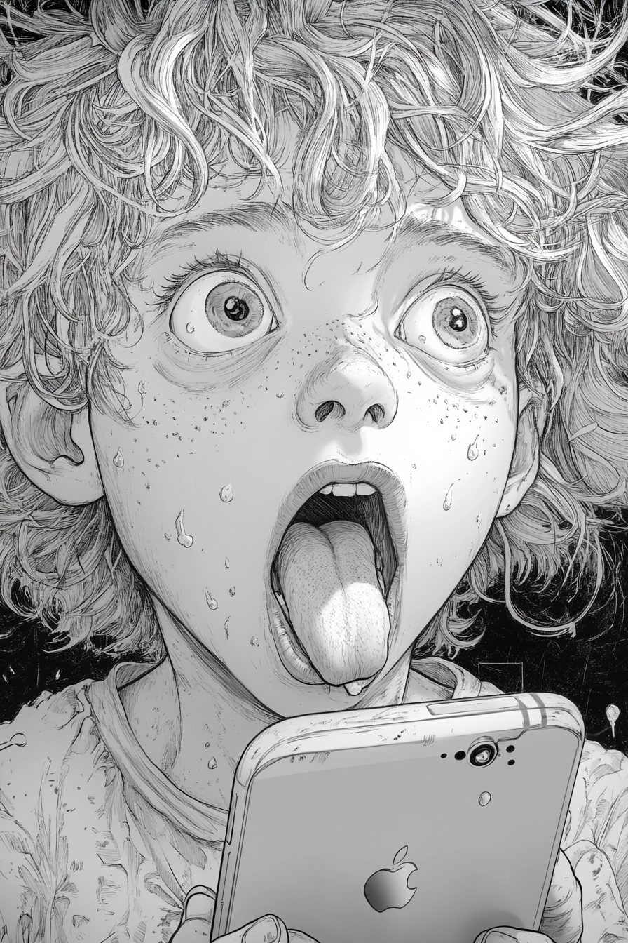 A crazy kid watches iPhone, tongue bitten, lineart cartoon