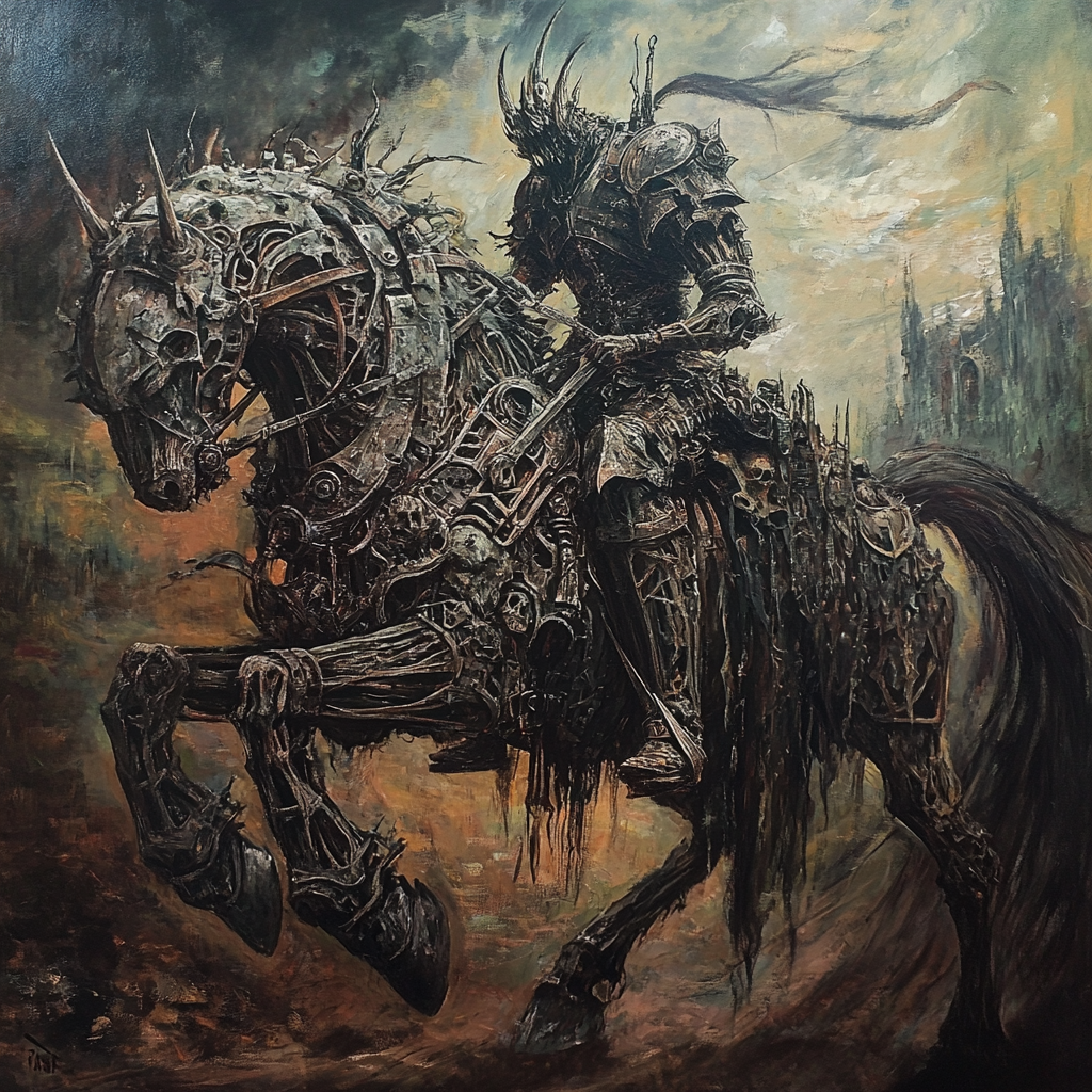 A creepy demon on metal and bone horse.