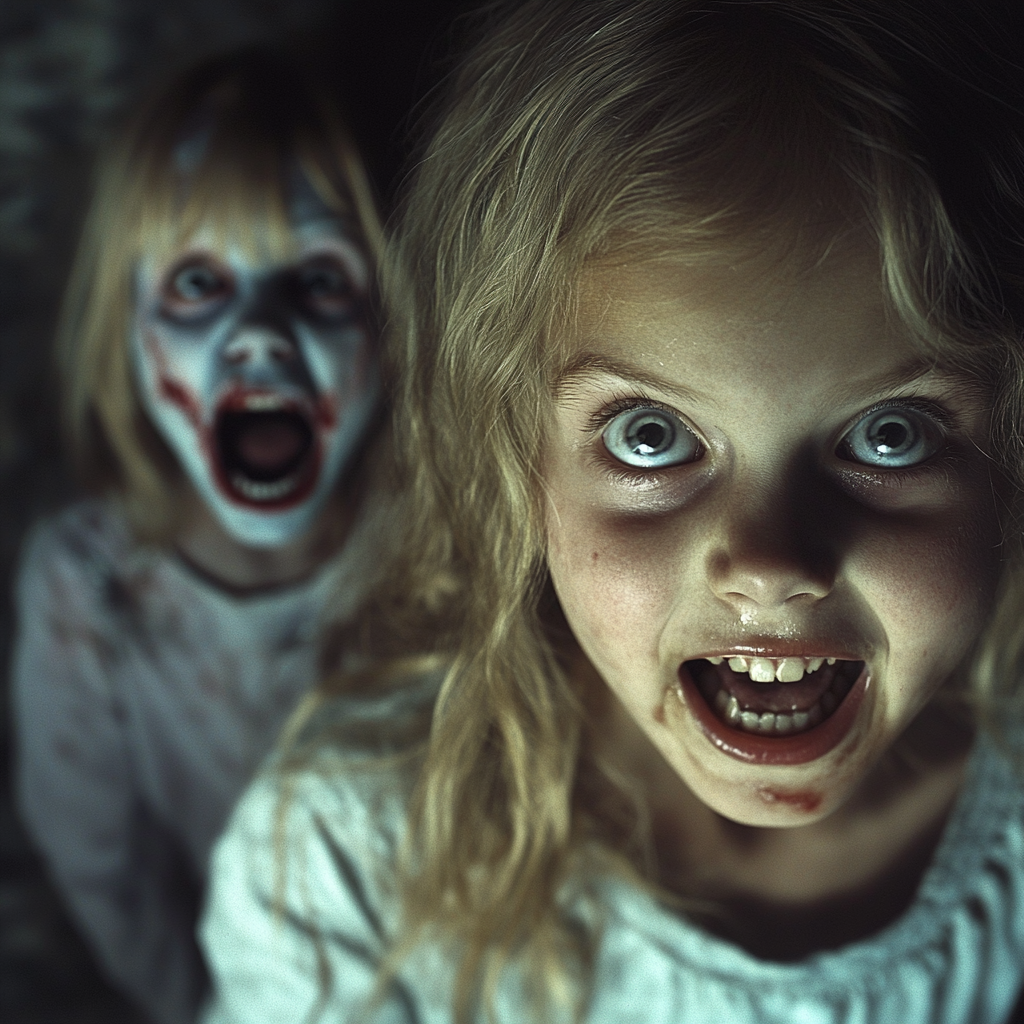 A creepy zombie with sharp teeth scares girl