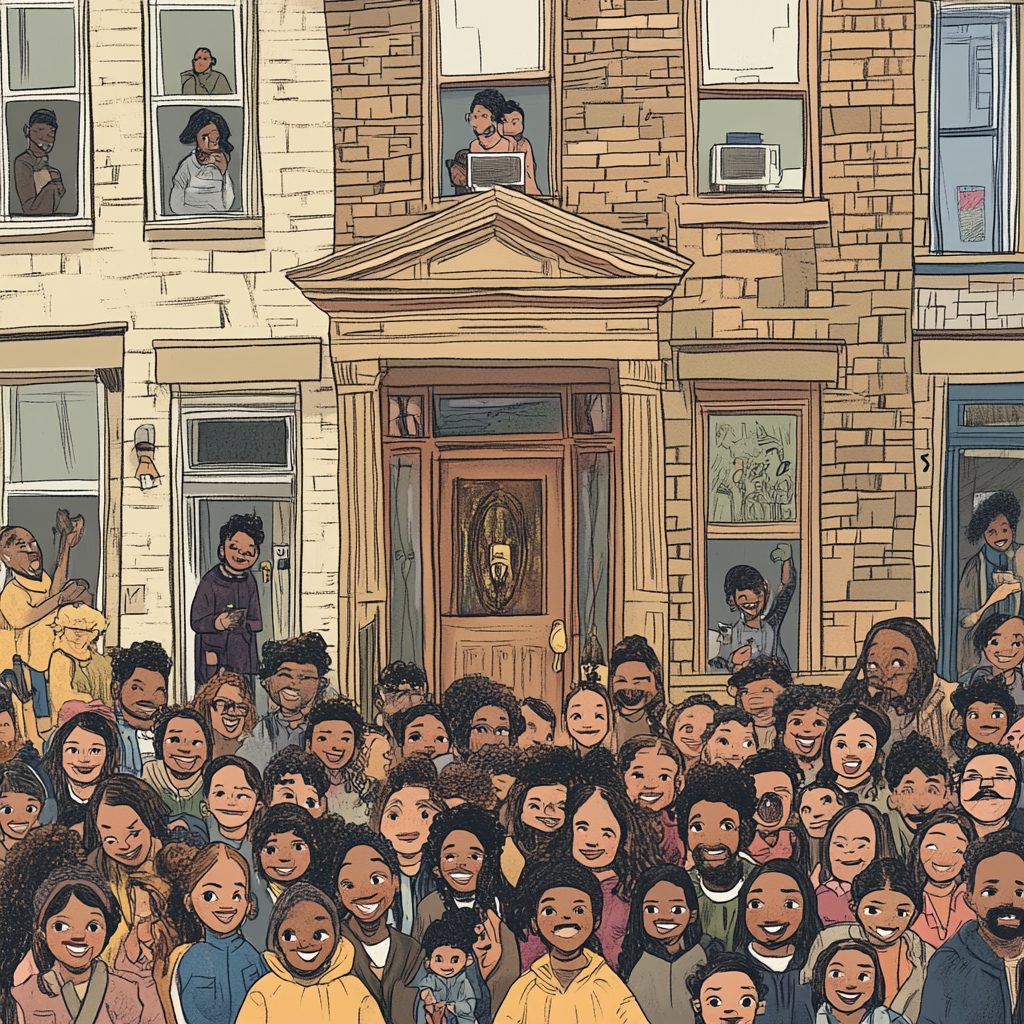 A crowded Brooklyn brownstone with joyful residents.