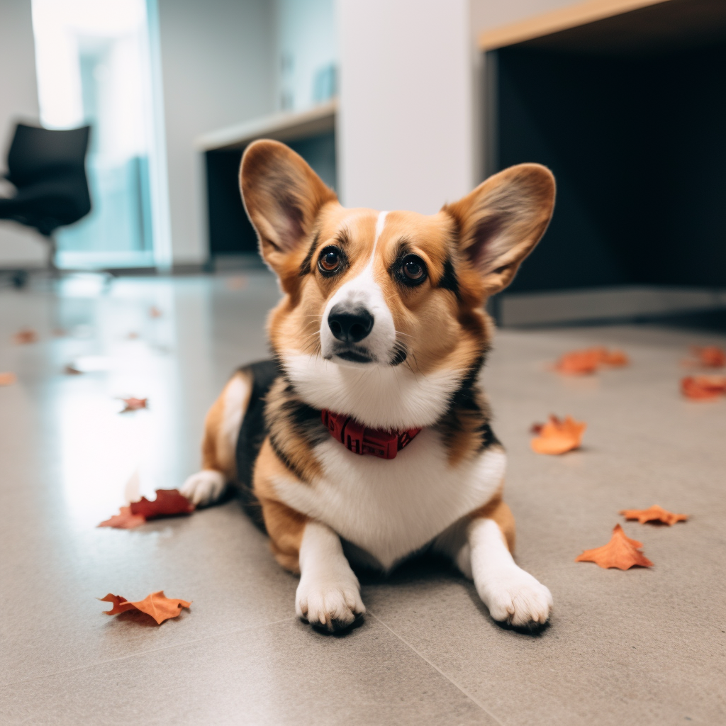 A curious Corgi in Halloween attire at work