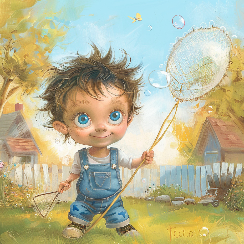 A curious boy hunts bubbles in his yard.