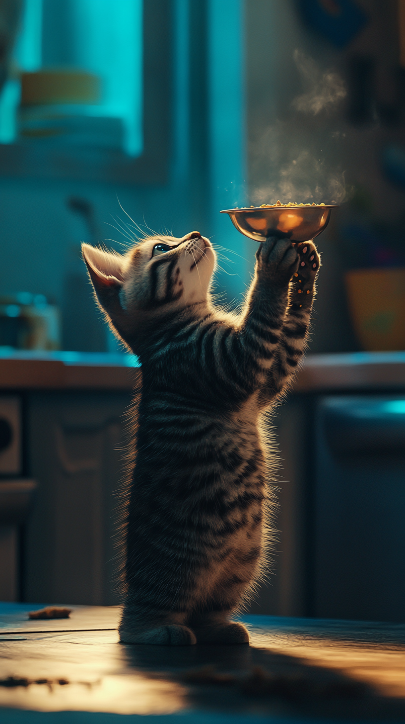 A curious silver tabby cat in kitchen.