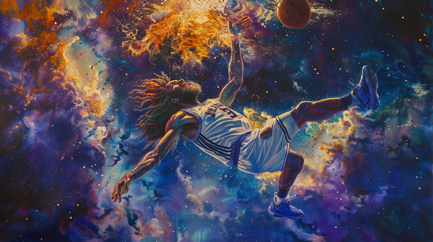 A curly-haired basketball player dunking in space.