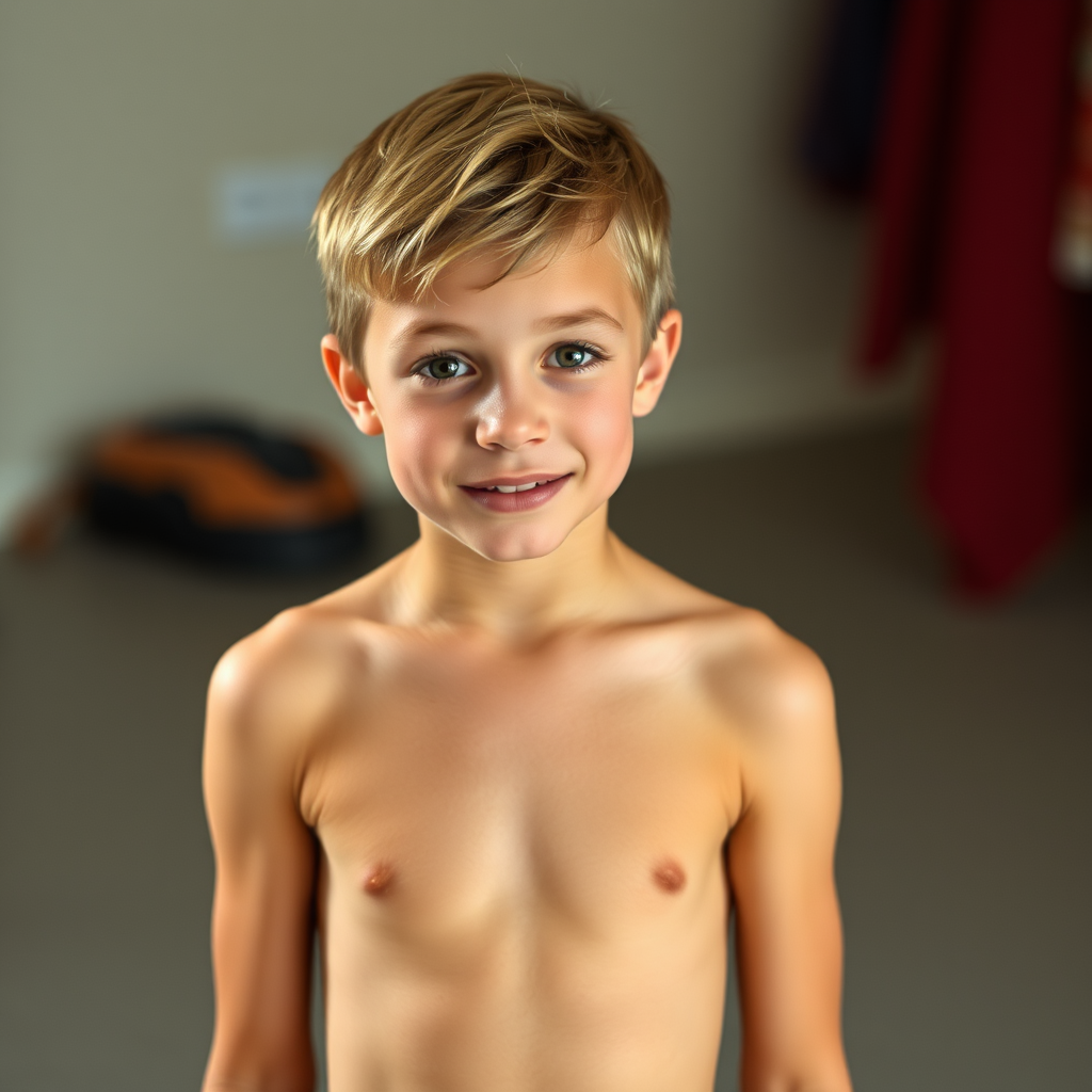 A cute 13-year-old boy standing shyly.