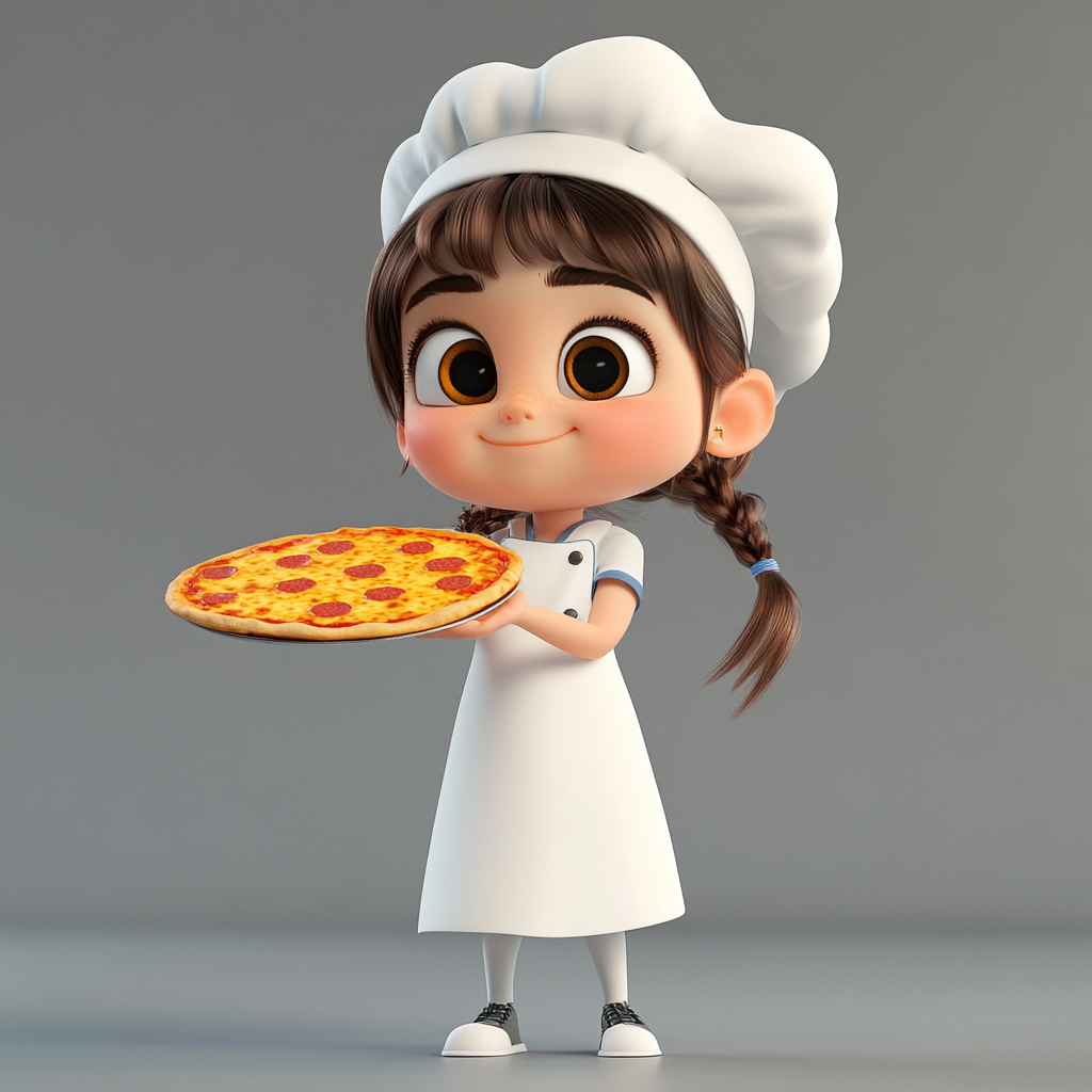 A cute 5-year-old chef girl holding a cheesy pizza