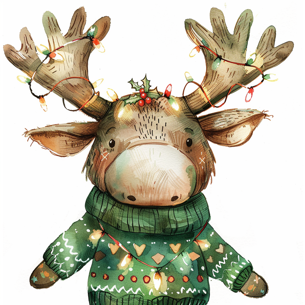 A cute Christmas moose with festive sweater.