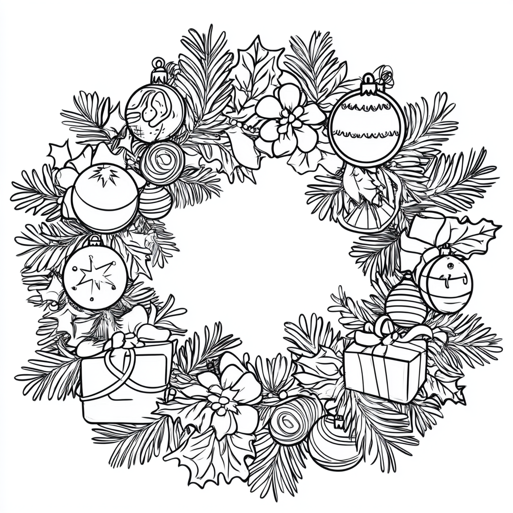 A cute Christmas wreath coloring page for kids