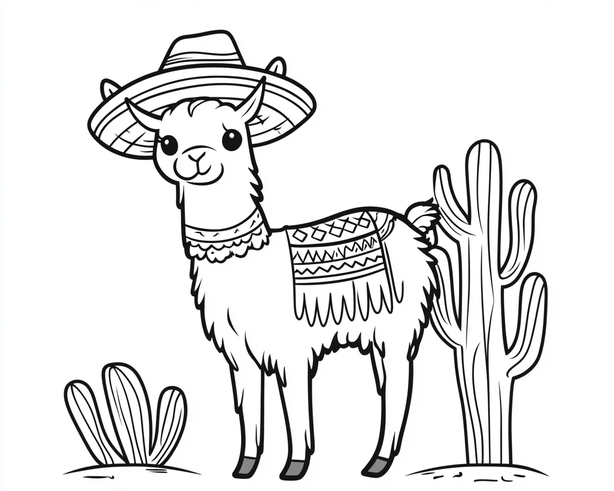 A cute Mexican llama with sombrero and cactus