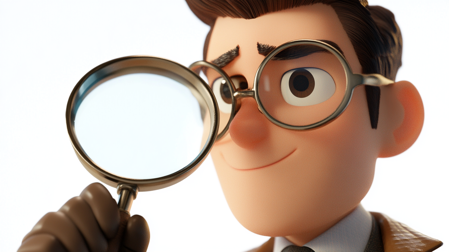 A cute airplane inspector looks through magnifying glass.