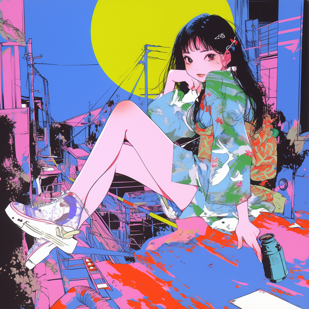 A cute anime girl in retro cityscape longing