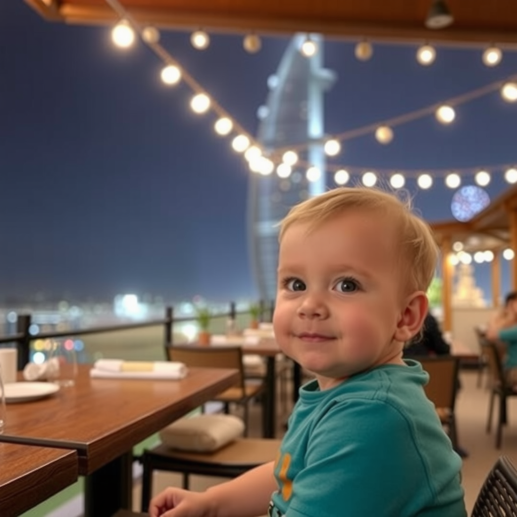 A cute baby boy sits outside a restaurant.