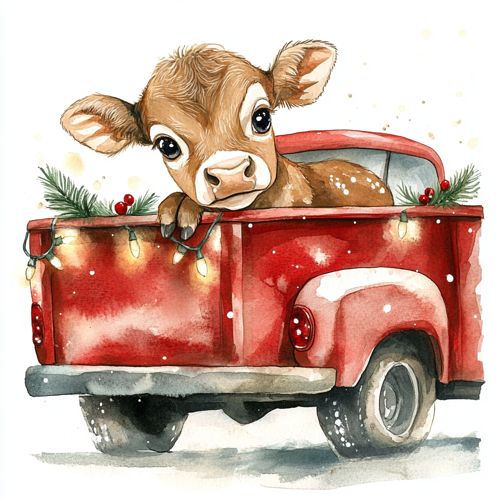 A cute baby cow in a red truck