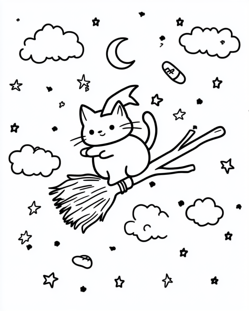 A cute cat flying on witch broom