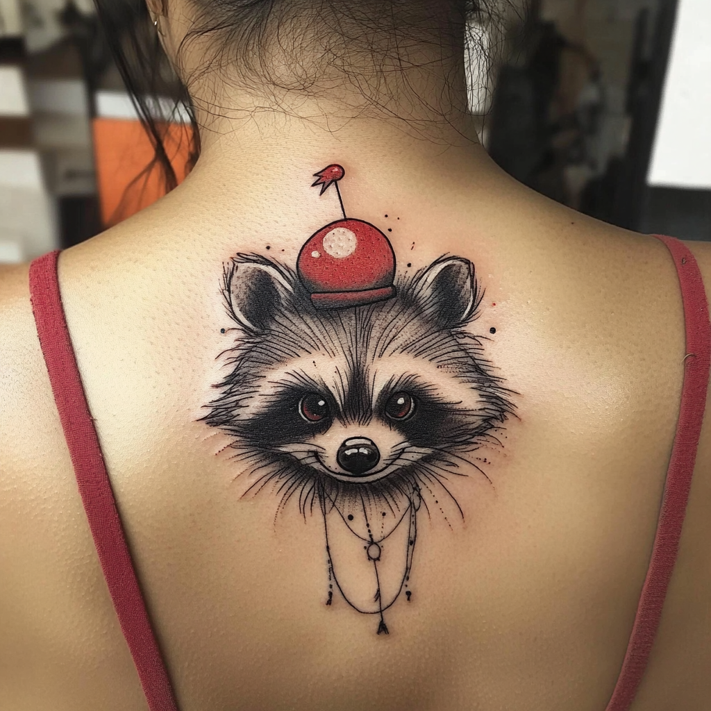 A cute clown raccoon tattoo on girl.