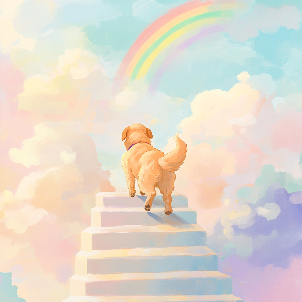 A cute dog climbing stairs to rainbow in sky.