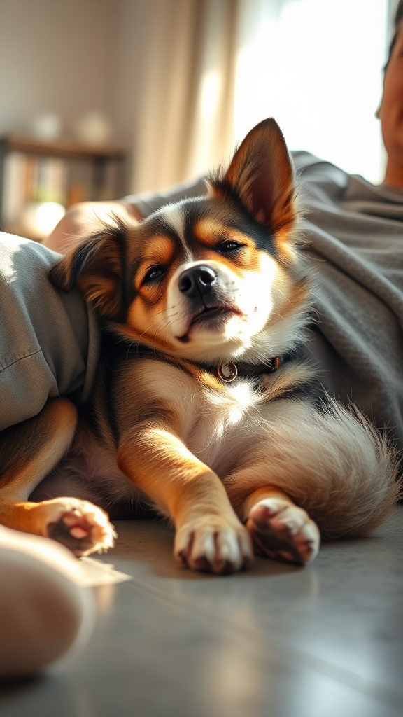 A cute dog napping with owner in cozy room.