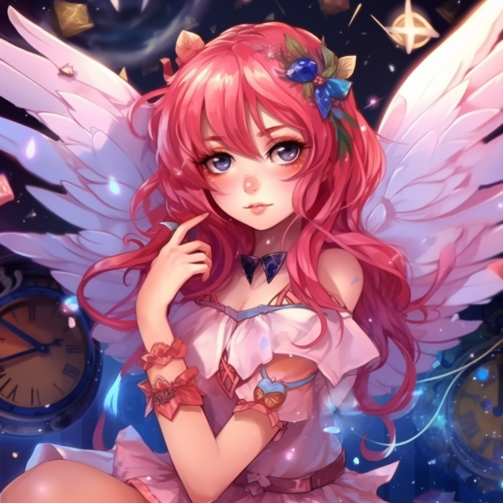 A cute fairy with colorful wings holding a watch