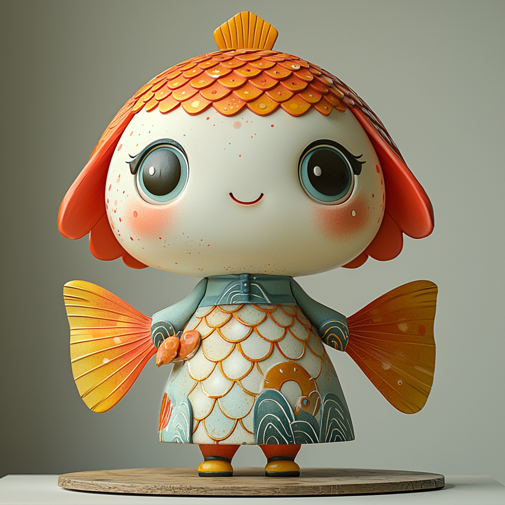 A cute fish-headed human in colorful Chinese style.