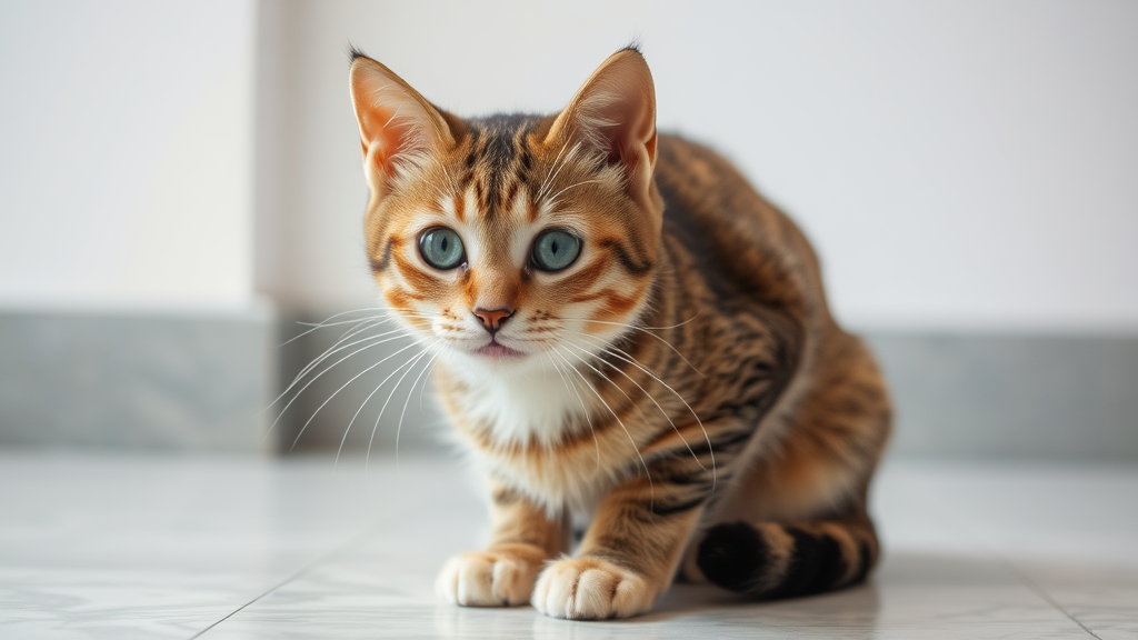 A cute fluffy cat sitting on a mat.