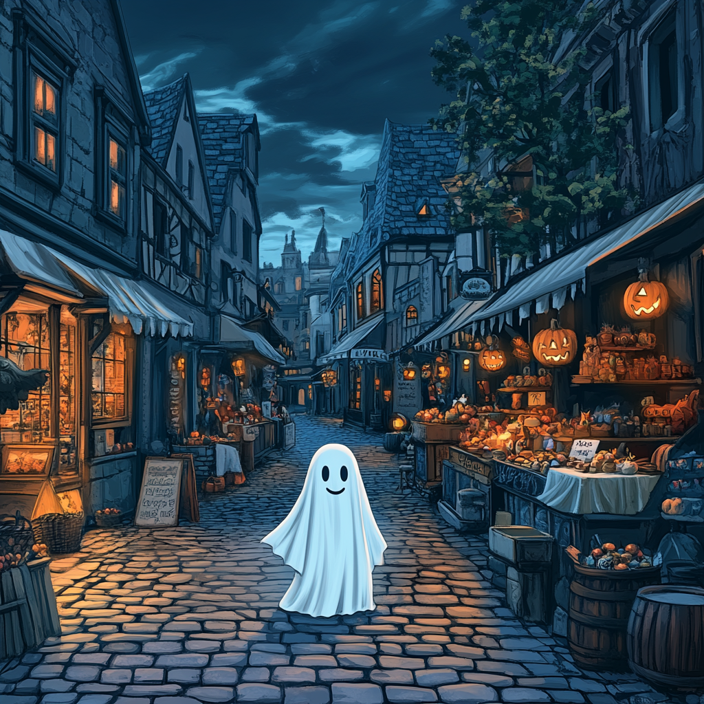 A cute ghost strolling through Victorian Halloween market.