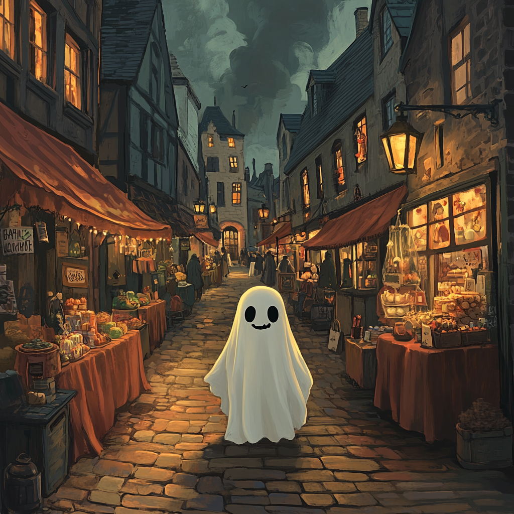 A cute ghost walks in spooky Victorian street.