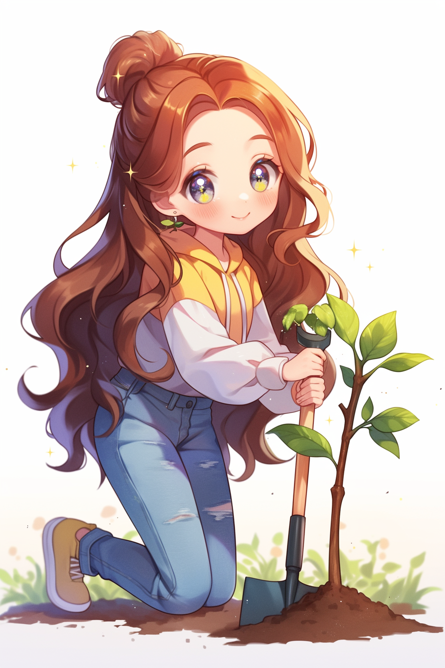 A cute girl planting young plants happily