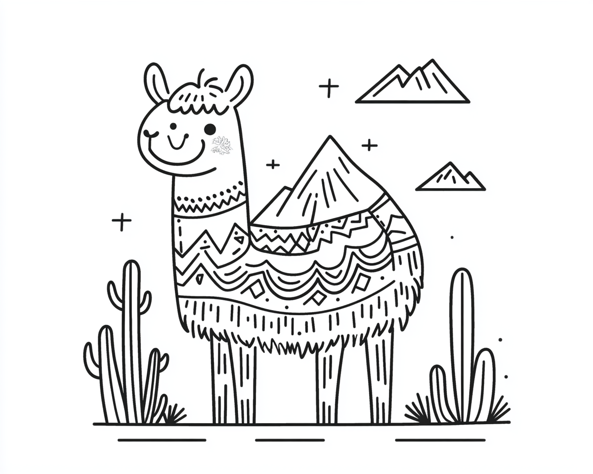 A cute llama in Mexican landscape coloring page