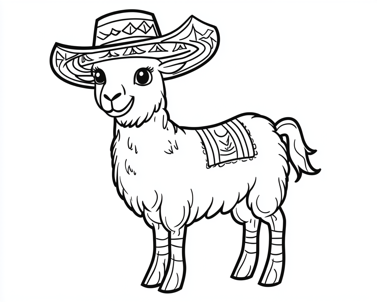 A cute llama with a sombrero coloring page