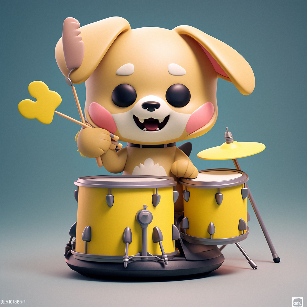 A cute rockstar drummer dog plushie in dynamic pose