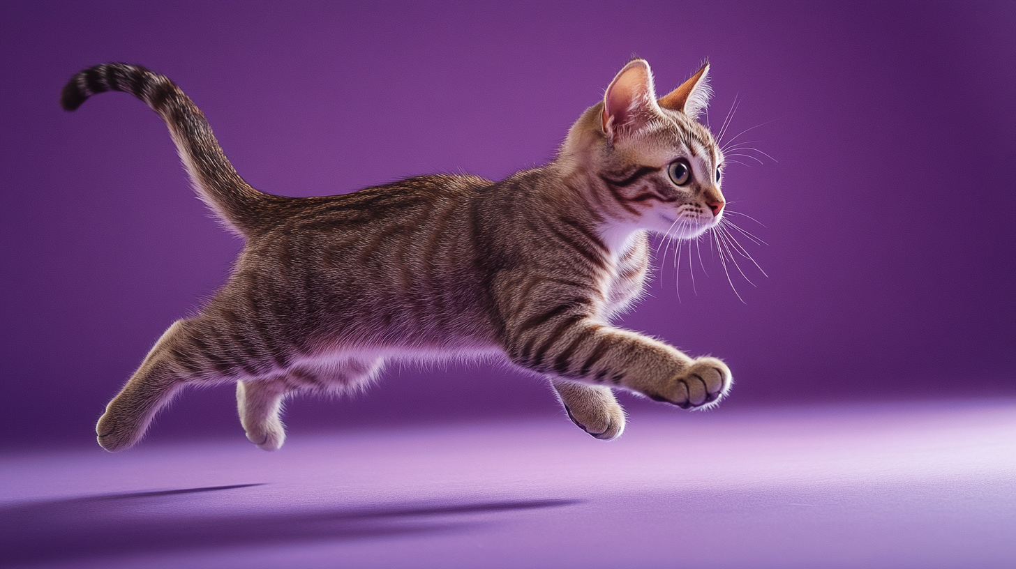 A cute tabby cat in mid-air. Magazine photo